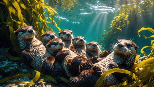 Group of playful otters floating together in a serene underwater kelp forest, sunlight streaming through photo