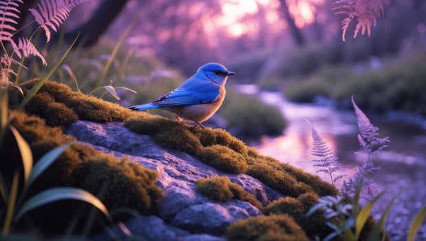 Vibrant bluebird perched on a mossy rock beside a serene stream during a colorful sunset photo