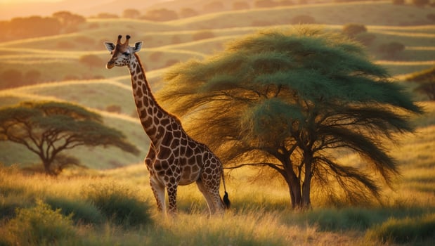 Majestic giraffe standing gracefully in golden grasslands under a sunset, surrounded by acacia trees photo