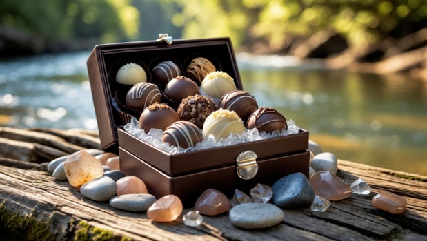 Luxurious chocolate truffles in a decorative box on a serene riverside with pebbles and sunlight photo