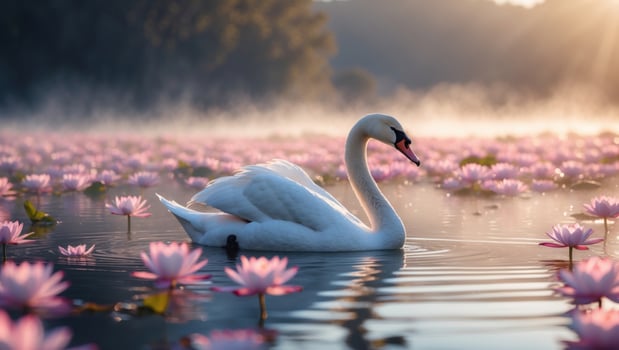 Elegant swan gracefully gliding through a serene lake filled with blooming pink lotus flowers at dawn photo