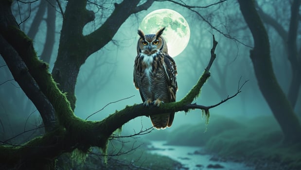 Majestic owl perched on a moss-covered branch under a full moon in a misty forest at night photo