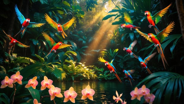 Vibrant tropical scene with colorful parrots flying over a serene pond surrounded by lush greenery photo