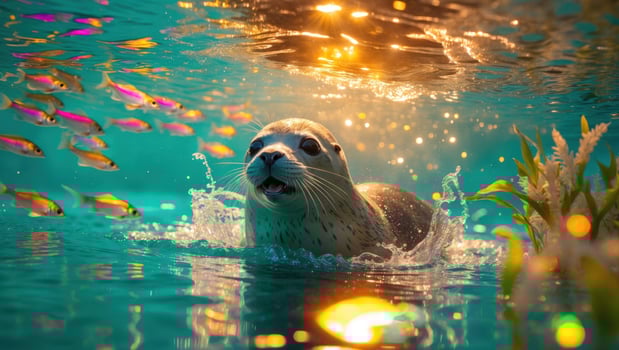 Playful seal swimming among colorful fish in a vibrant underwater scene with shimmering light photo