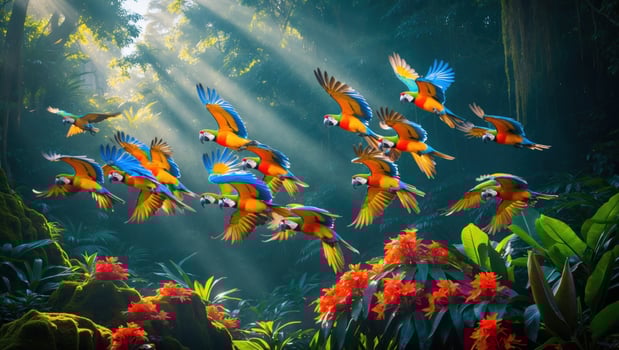 A vibrant flock of macaws soaring through a lush tropical rainforest, rays of sunlight illuminating the scene photo