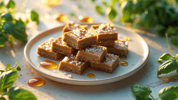 Delicious homemade caramel squares on a plate, surrounded by fresh herbs and honey drizzles photo