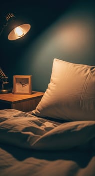 Cozy bedroom scene with bedside lamp and pillow photo
