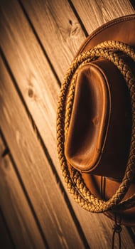 Rustic cowboy hat and lasso on wooden surface photo