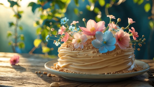 Beautifully decorated cake with colorful flowers on a rustic wooden table in a serene garden setting photo