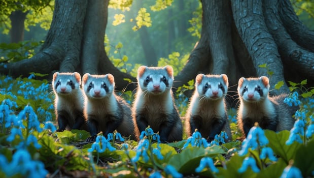 A group of five ferrets standing together in a lush forest filled with blue flowers and sunlight photo