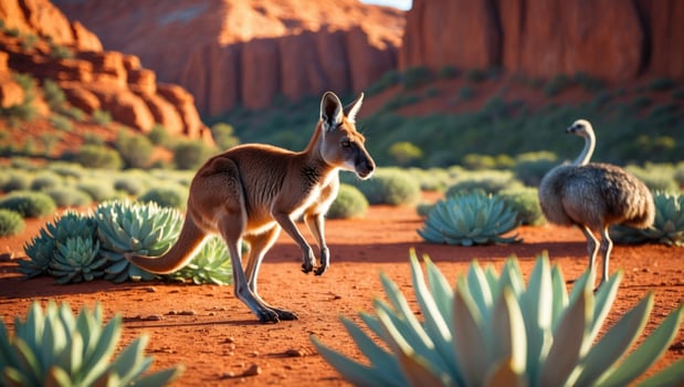 A kangaroo leaps through a vibrant desert landscape with a backdrop of red rock formations and an emu photo