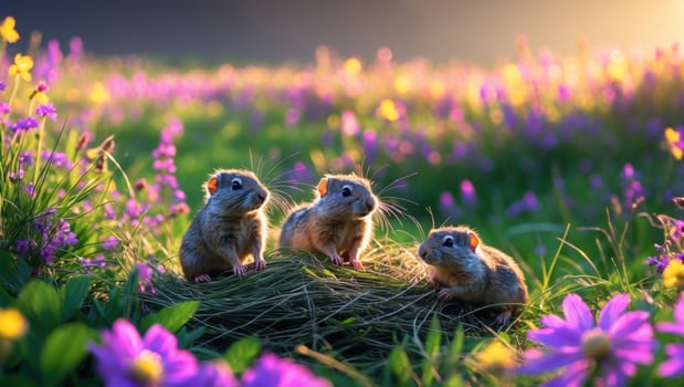 Three adorable small mammals sitting on a nest in a vibrant flower-filled meadow during sunset photo