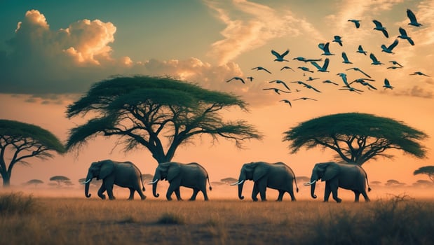 A serene sunset landscape featuring a herd of elephants walking through savanna grasslands beneath soaring birds photo