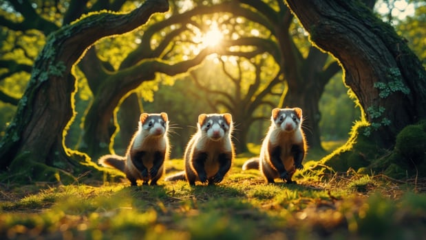 Three playful ferrets exploring a sunlit forest, surrounded by ancient trees and lush greenery photo