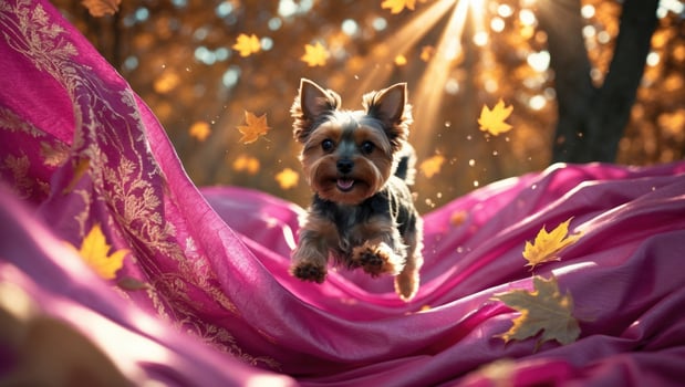 Playful dog leaping through colorful autumn leaves on a vibrant pink fabric in a sunlit park photo