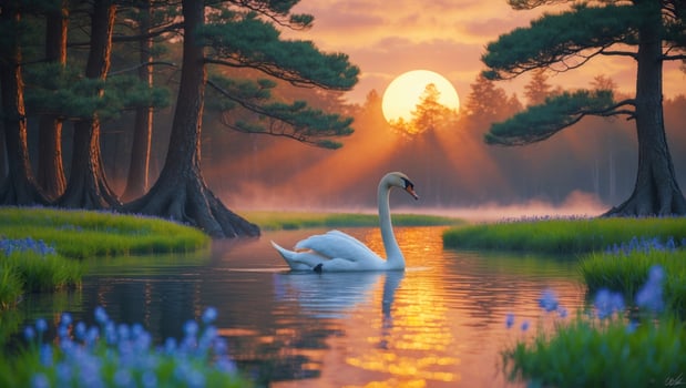 Serene sunset over a tranquil lake with a swan gliding gracefully amidst blooming flowers and trees photo