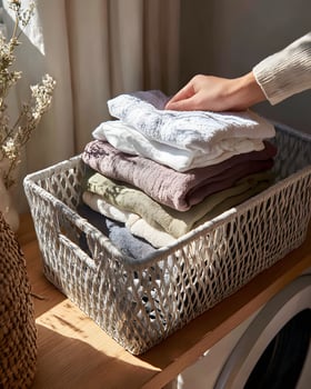Hand Placing Folded Clothes into Basket. Sunny Laundry Room Scene photo