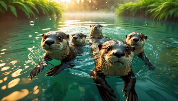 Playful otters swimming together in a serene river surrounded by lush greenery and sunlight photo