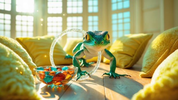 A vibrant green frog curiously explores a cozy room filled with yellow cushions and a colorful bowl photo