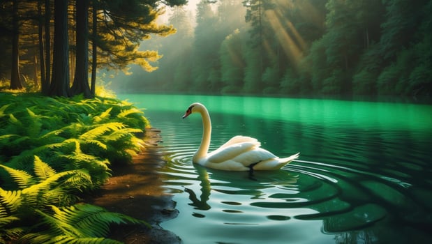 Serene swan gliding across a tranquil emerald lake surrounded by lush greenery and sunlight photo