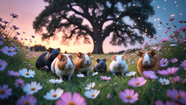 A group of adorable guinea pigs enjoying a vibrant meadow filled with flowers under a majestic tree at sunset photo