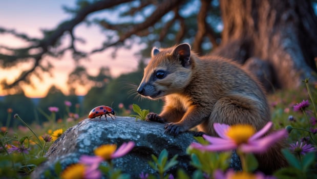 A curious animal examines a ladybug on a rock amidst colorful flowers during sunset in nature photo