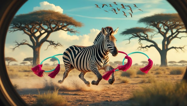 A playful zebra runs through a vibrant savannah, showcasing colorful ribbons against a sunset sky photo