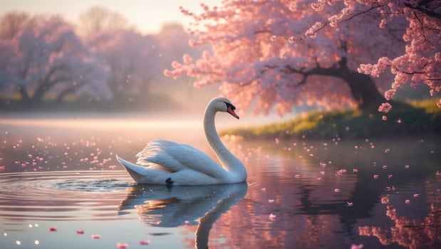 Elegant swan gliding through serene waters surrounded by cherry blossoms at sunrise photo