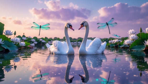 Two elegant swans gracefully swimming together in a serene pond surrounded by blooming lilies and dragonflies photo