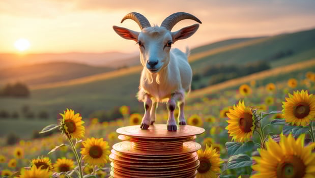 Goat standing on copper plates amidst a field of sunflowers during a vibrant sunset photo
