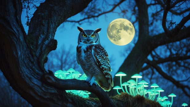 Majestic owl perched on a tree branch surrounded by glowing mushrooms under a full moon at night photo