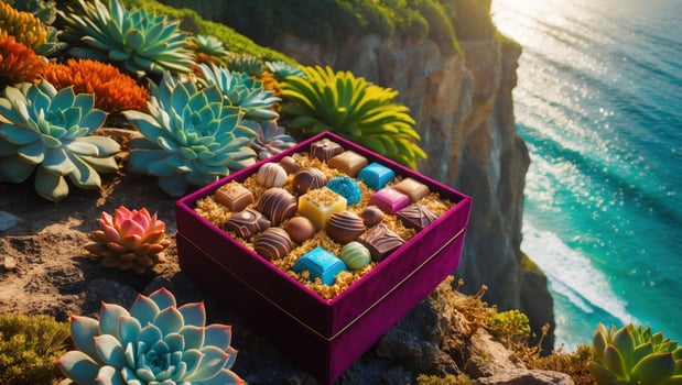 Luxurious assortment of colorful chocolates displayed in a vibrant box on a cliffside with ocean view photo