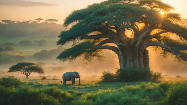 Majestic elephant grazing peacefully under a sprawling baobab tree at sunrise in a serene landscape photo