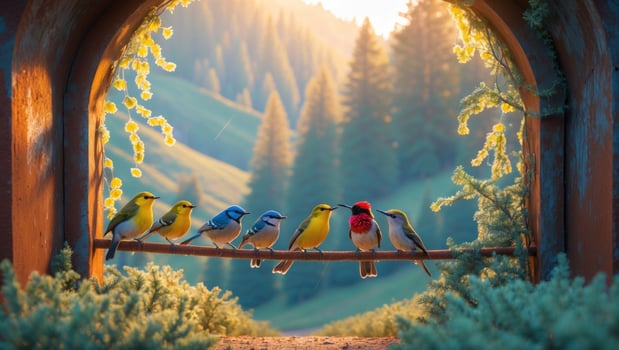 Colorful birds perched on a branch in a serene forest landscape at sunrise, with soft light photo