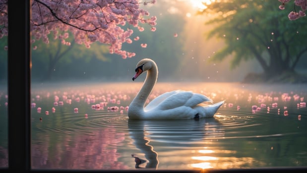 Elegant swan gliding through serene waters surrounded by cherry blossoms at sunrise, evoking tranquility photo