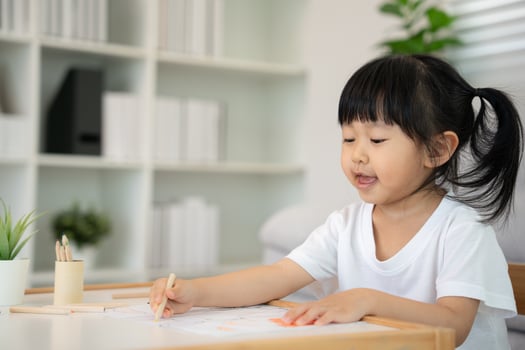 Happy Asia children learning and enjoy paint. family is happy and excited in the house. Mother and daughter having fun spending time together. Holiday, Activity, Executive Function photo