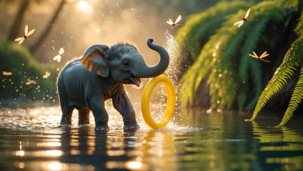 Playful baby elephant splashes in water while joyfully interacting with a colorful ring amidst dragonflies photo
