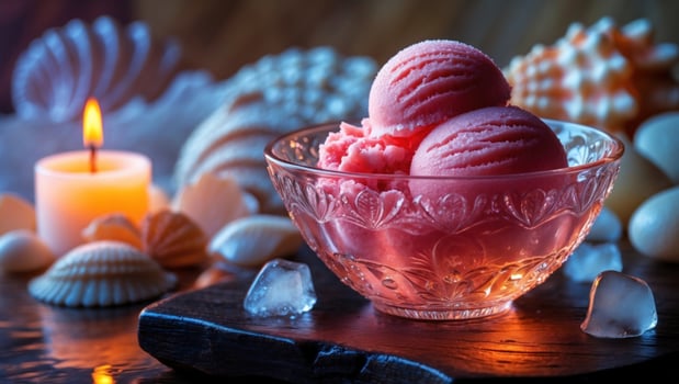 Vibrant pink sorbet in a decorative bowl surrounded by seashells and a candle on a wooden surface photo