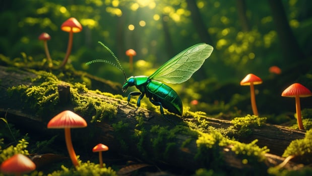 Vibrant green beetle crawling on mossy log surrounded by colorful mushrooms in a sunlit forest photo