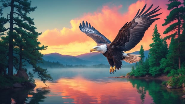 Majestic eagle soaring over a tranquil lake at sunset, surrounded by lush trees and mountains photo