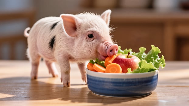 A Small Piglet Eating From A Bowl Of Vegetables And Fruit On A Wooden Surface Indoors photo