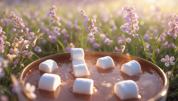 A serene outdoor scene featuring a steaming cup of hot chocolate topped with marshmallows amidst blooming flowers photo