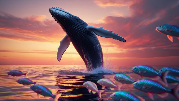 Majestic humpback whale breaching the ocean surface at sunset, surrounded by colorful fish photo