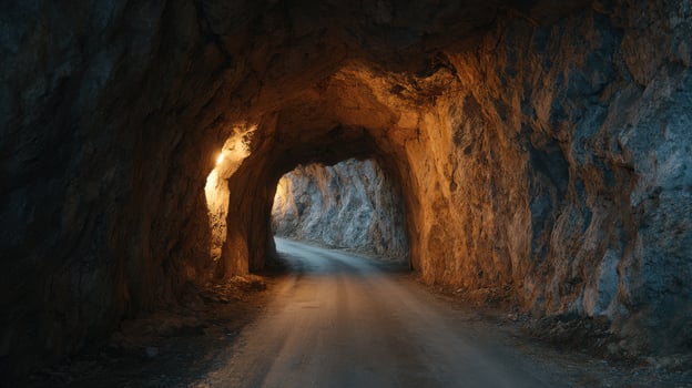 Tunnel Road Through Rocky Mountain Illuminated By Warm Light. Adventure And Exploration Pathway photo