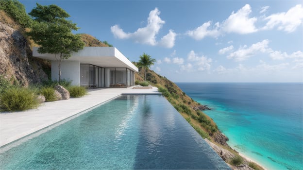 Modern Cliffside Villa With Infinity Pool Overlooking Turquoise Ocean. Luxurious Coastal Retreat With Stunning Sea Views photo