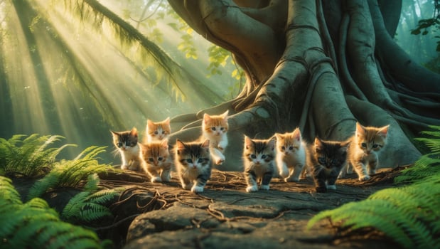 A group of playful kittens exploring a lush forest path, surrounded by vibrant greenery and sunlight photo