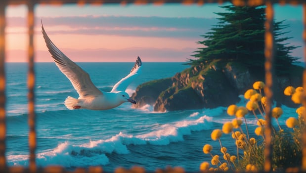 Seagull soaring above vibrant flowers by the ocean, with a scenic coastal landscape at sunset photo