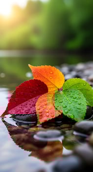 Colorful autumn leaves with water droplets resting on rocks near a calm body of water outdoors photo