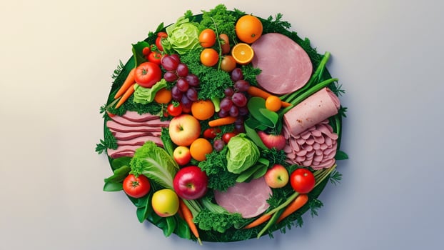 Circular Arrangement Of Assorted Fruits Vegetables And Meats On A Light Surface Overhead View photo