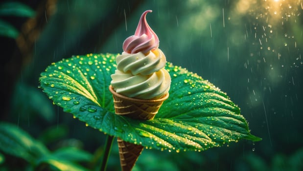 Vibrant ice cream cone resting on a large green leaf in a rain-soaked forest backdrop photo
